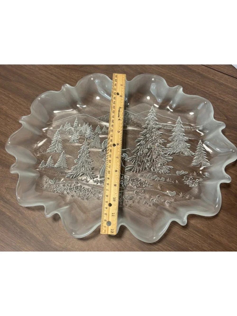 Vintage 90s Frosted Etched Glass Ruffled Canape Tray Woodland Girl Christmas
